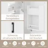 A collage of images showcasing features of a white bathroom cabinet, including adjustable shelves, a door with storage, and handles, along with icons representing bathroom items. Náhled obrázku produktu