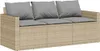 A beige three-seater sofa with gray cushions, shown from the front.
