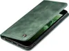 A green flip case for a smartphone is shown from a diagonal angle, partially open. Produktbild-Vorschau