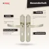 A product image showcasing door handles with descriptive text highlighting features. Produktbild-Vorschau