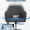 A gray office chair with features highlighted by text and graphics. Produktbild-Vorschau