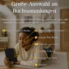 A woman is lying on the floor, looking at a tablet, with various app icons and text overlays pointing to the tablet. Produktbild-Vorschau