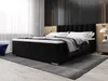 A bedroom scene featuring a large black bed with a headboard, pillows, and bedding, set against a dark, textured wall with gold accents and lighting. Voir les images du produit