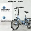 A blue electric bicycle is shown with text overlays describing its support modes. Produktbild-Vorschau