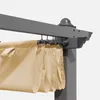 A close-up view of beige fabric curtains hanging from a gray pergola structure. Produktbild-Vorschau