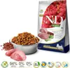 A bag of dog food and a bowl of dog food kibble are shown, along with raw meat and some quinoa. The bag has nutritional information and branding. Voir les images du produit