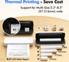 A collection of thermal printers and various sizes of thermal paper rolls are displayed on a wooden surface, showcasing the product's versatility and features. Náhľad obrázku produktu