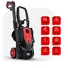 A black and red pressure washer is shown with a series of red icons displaying product specifications. Náhled obrázku produktu