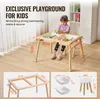 A young girl plays at a sensory table with toys, with dimensions and product features highlighted. Voir les images du produit