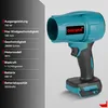 A teal and black cordless leaf blower with a specification list on the left. Produktbild-Vorschau