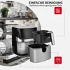 An air fryer and its components are shown next to a dishwasher with clean dishes, illustrating easy cleaning. Produktbild-Vorschau