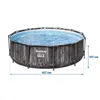 A round, above-ground swimming pool with a wood-grain pattern on the exterior, filled with water. Dimensions are indicated by measurement lines. Anteprima dell’immagine prodotto