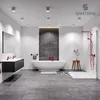 A modern bathroom with a freestanding bathtub, a vanity, and a shower area. Produktbild-Vorschau