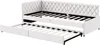 A white upholstered daybed with a pull-out trundle bed, shown with the trundle extended. Produktbild-Vorschau