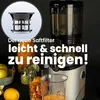 A slow juicer is shown with fruit and juice, along with text highlighting a new juice filter. Produktbild-Vorschau