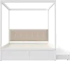 A white canopy bed frame with a beige upholstered headboard and built-in drawers, shown from the side against a white background. Produktbild-Vorschau