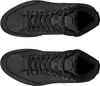 A top-down view of two black leather boots with fur lining. Voir les images du produit