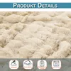 A close-up of a textured beige blanket with four icons at the bottom representing product features. Produktbild-Vorschau