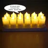 A group of LED candles on a white tray, with a speech bubble containing dimensions. Produktbild-Vorschau