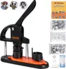 A button making machine with various accessories and sample buttons. Produktbild-Vorschau