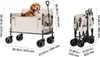 A dog is sitting in a beige wagon with dimensions labeled. The wagon is shown in both an open and folded state. Produktbild-Vorschau
