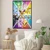 A poster featuring various evolutions of the Pokemon Eevee, displayed in a grid format against a colorful, abstract background. The poster is framed and hung on a wall in a room with a sofa and a side table. Produktbild-Vorschau