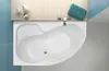 A top-down view of a white acrylic corner bathtub with a built-in seat and a chrome drain. The bathtub is set against a light wood panel and blue tiled wall. A teal towel and toiletries are placed on the wood panel. Produktbild-Vorschau