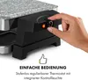 A hand is shown adjusting the thermostat on a raclette grill. Text and a thumbs-up icon are present below the grill. Produktbild-Vorschau