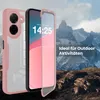 A pink and clear phone case is shown next to a smartphone, with a mountainous landscape in the background. Produktbild-Vorschau