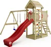 A wooden playground set with a slide, swings, and climbing wall. Náhľad obrázku produktu