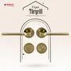A marketing image showcasing a set of door handles and related hardware, presented against a decorative background with architectural elements. Produktbild-Vorschau
