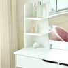 A white vanity table with shelves holding cosmetic products, next to a mirror with LED lights. Produktbild-Vorschau