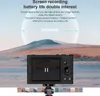 A digital camera is shown in the foreground with a desert-like landscape and a large moon in the background. Text overlays describe the camera's features. Podgląd zdjęcia produktu