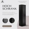 A black tall cabinet with ribbed doors and a gold handle, presented on a light gray background with text describing its features and design. Produktbild-Vorschau