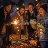 Four young adults are celebrating with sparklers and fireworks in the evening. Produktbild-Vorschau