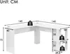 A diagram showing the dimensions and weight capacity of a white L-shaped desk. Anteprima dell’immagine prodotto