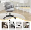 A gray office chair with a cushion, shown in a room with a white desk. The image also includes four smaller images showcasing the chair's use in different scenarios: applying makeup, working, studying, and relaxing. Produktbild-Vorschau