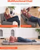 A collage showing a multifunctional chair in different reclined and flat positions, with people using it for reading and sleeping. Voir les images du produit