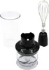 A set of blender attachments including a beaker, a chopper attachment, and a whisk attachment, laid out on a white background. Anteprima dell’immagine prodotto