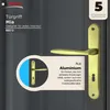A close-up marketing image of a gold-colored door handle set against a dark gray background, with text overlays highlighting product features and warranty information. Produktbild-Vorschau