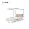 A white canopy bed with a beige upholstered headboard and two drawers underneath, shown with dimensions labeled. Produktbild-Vorschau