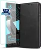 A black leather flip phone case and a screen protector are displayed side-by-side against a white background. Produktbild-Vorschau