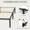 Close-up view of a bed frame with slats, highlighting assembly features. Voir les images du produit