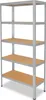 A silver metal shelving unit with five wooden shelves against a white background. Produktbild-Vorschau