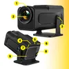 Two views of a black mini projector with numbered callouts pointing to different parts. Voir les images du produit