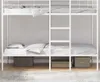 A white metal bunk bed with mattresses and storage boxes underneath. Náhled obrázku produktu