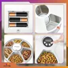 Collage showing different aspects of an automatic pet feeder, including battery compartment, internal mechanism, food tray, and control panel. Anteprima dell’immagine prodotto