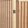 Close-up view of a wooden and bamboo room divider, showing the woven texture and hinge. Podgląd zdjęcia produktu