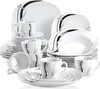 A collection of white ceramic dinnerware with black and gray abstract line designs, neatly arranged. Produktbild-Vorschau