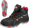 A pair of black and red work boots shown from the side, with a separate image of the sole. Voir les images du produit